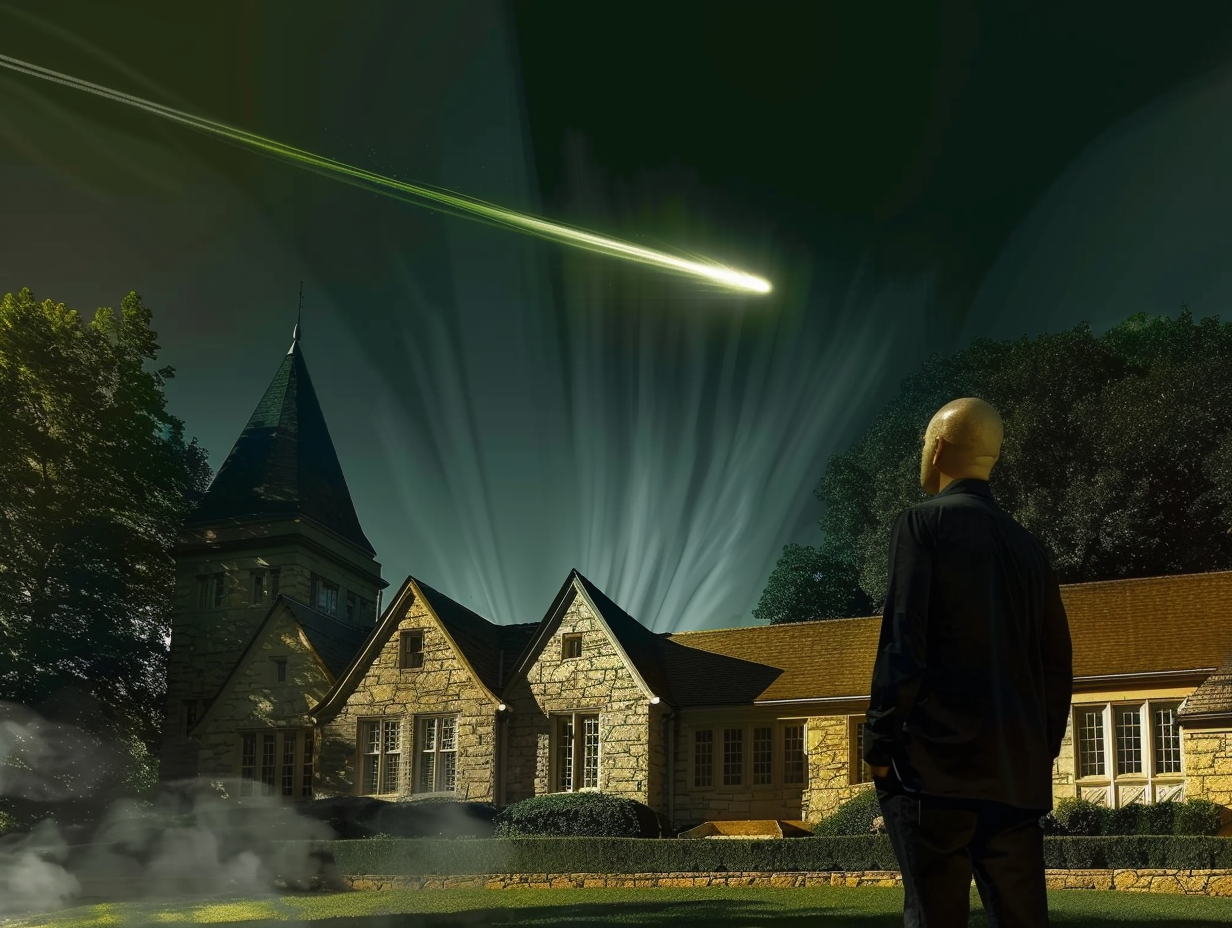 Bald Lex Luthor in yard looking at green meteor.