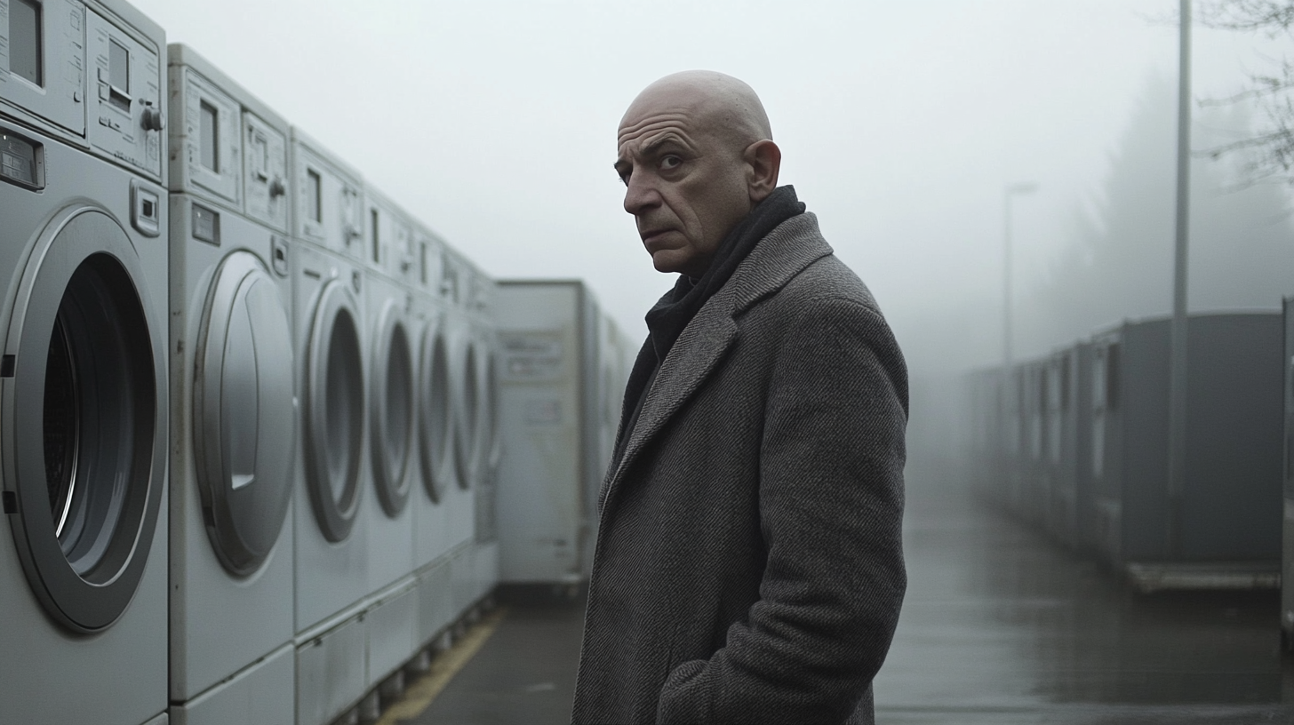 Bald Telly Savalas Surrounded by Washing Machines