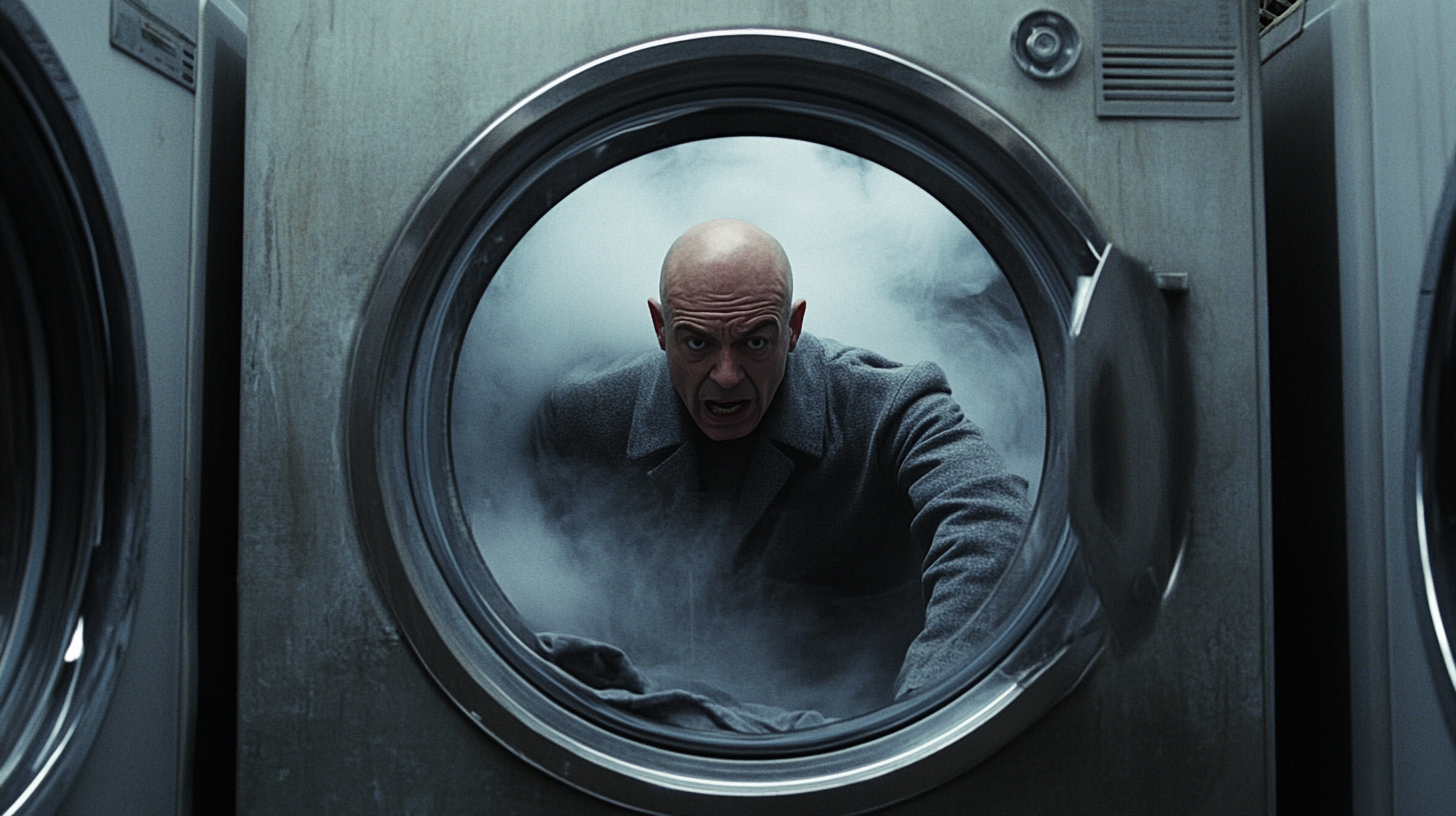 Bald Telly Savalas inside Spinning Washing Machine