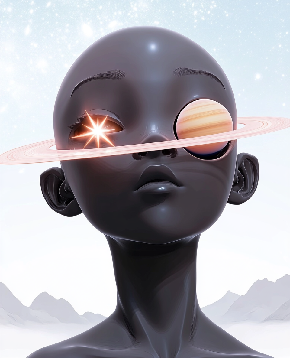 Bald black god with Saturn eyes in retro-futuristic landscape.