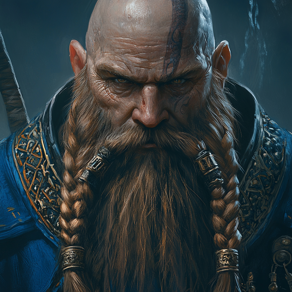 Bald dwarf in blue uniform with braided beard.