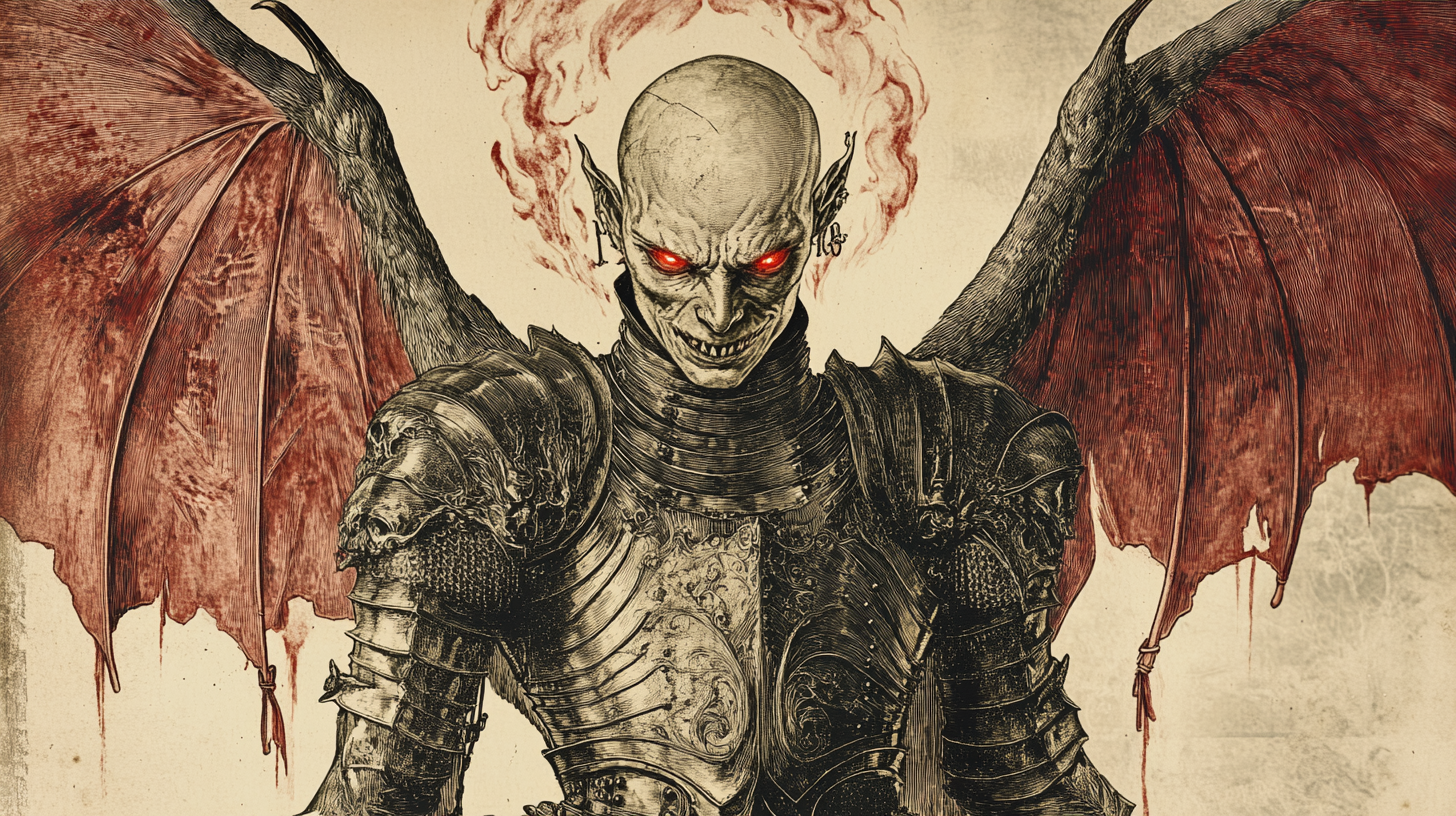 Bald female devil in armor with fiery halo.