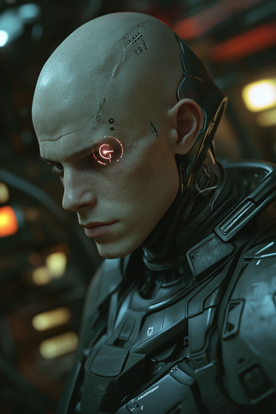 Bald futuristic man in combat armor with cybernetic eye. Sci-Fi portrait.