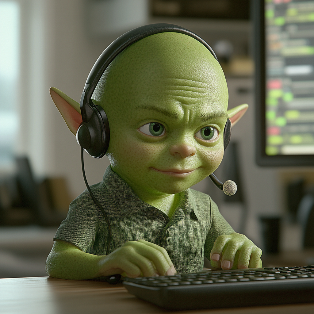 Bald green orc child working in Pixar-themed call center