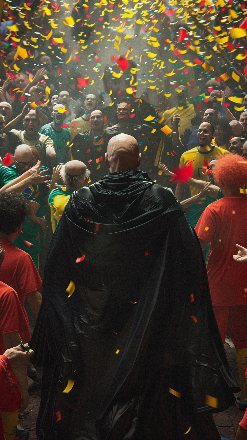 Bald man in black cape surrounded by Brazilian clowns.