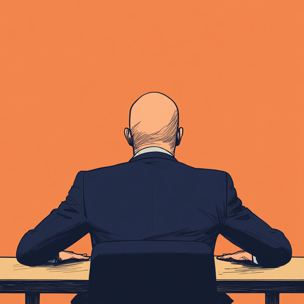 Bald man in blue suit sitting at fancy table.