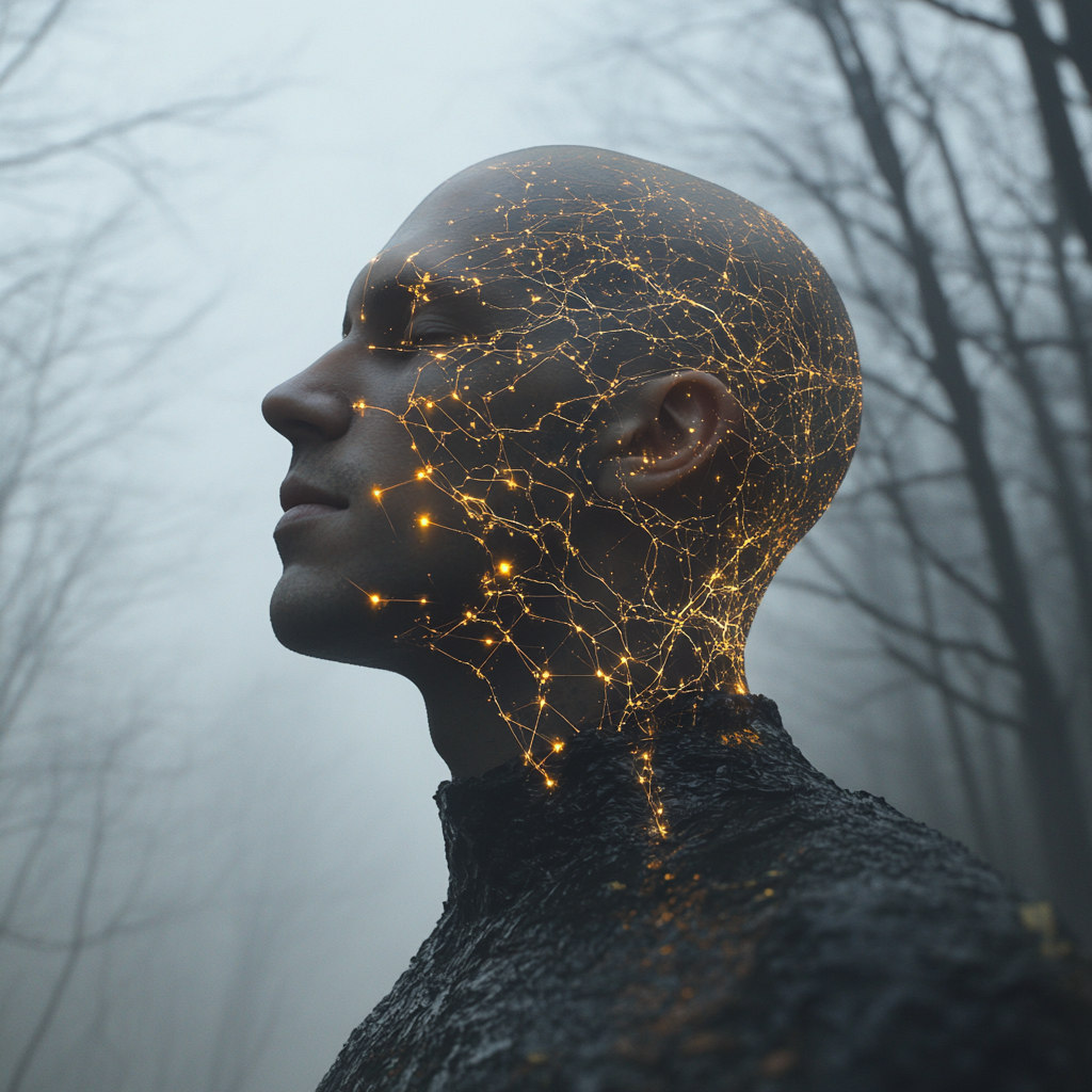 Bald man with energy flow network in forest