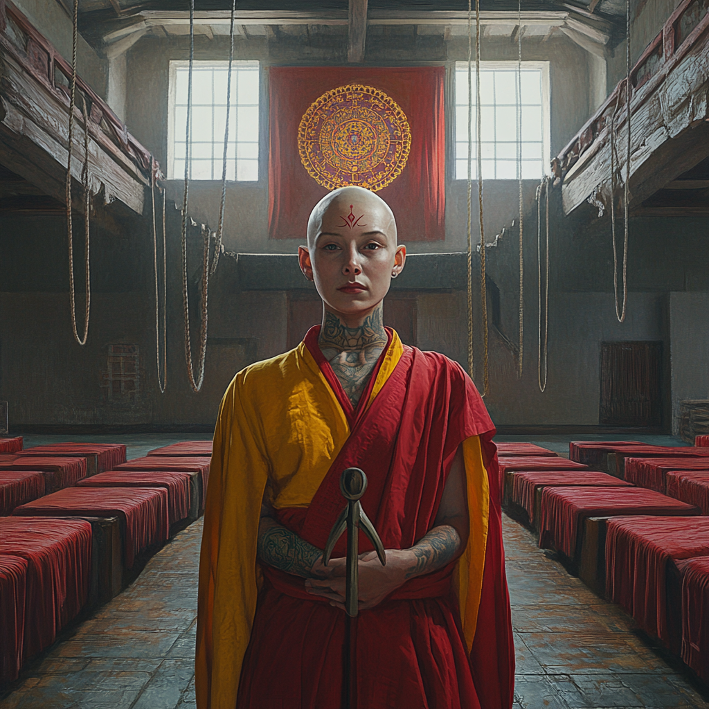 Bald woman with mandala tattoo in Tibetan robes