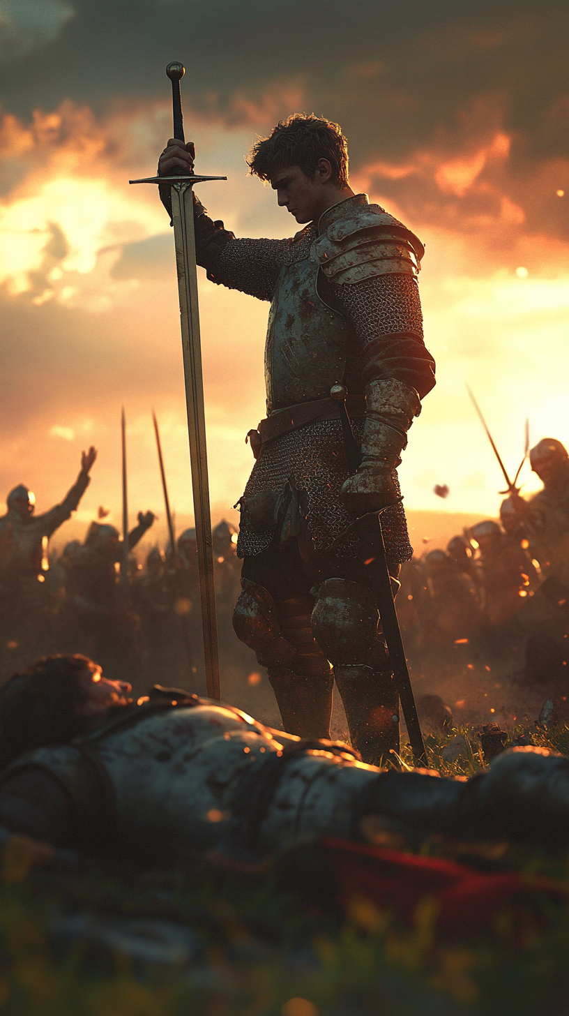 Baldwin, 16, victorious on battlefield with raised sword. Sun sets.