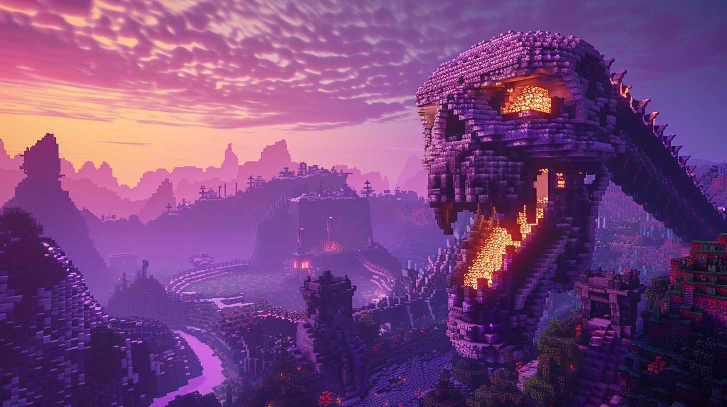 Balerion's skull in Minecraft with epic lighting and colors.