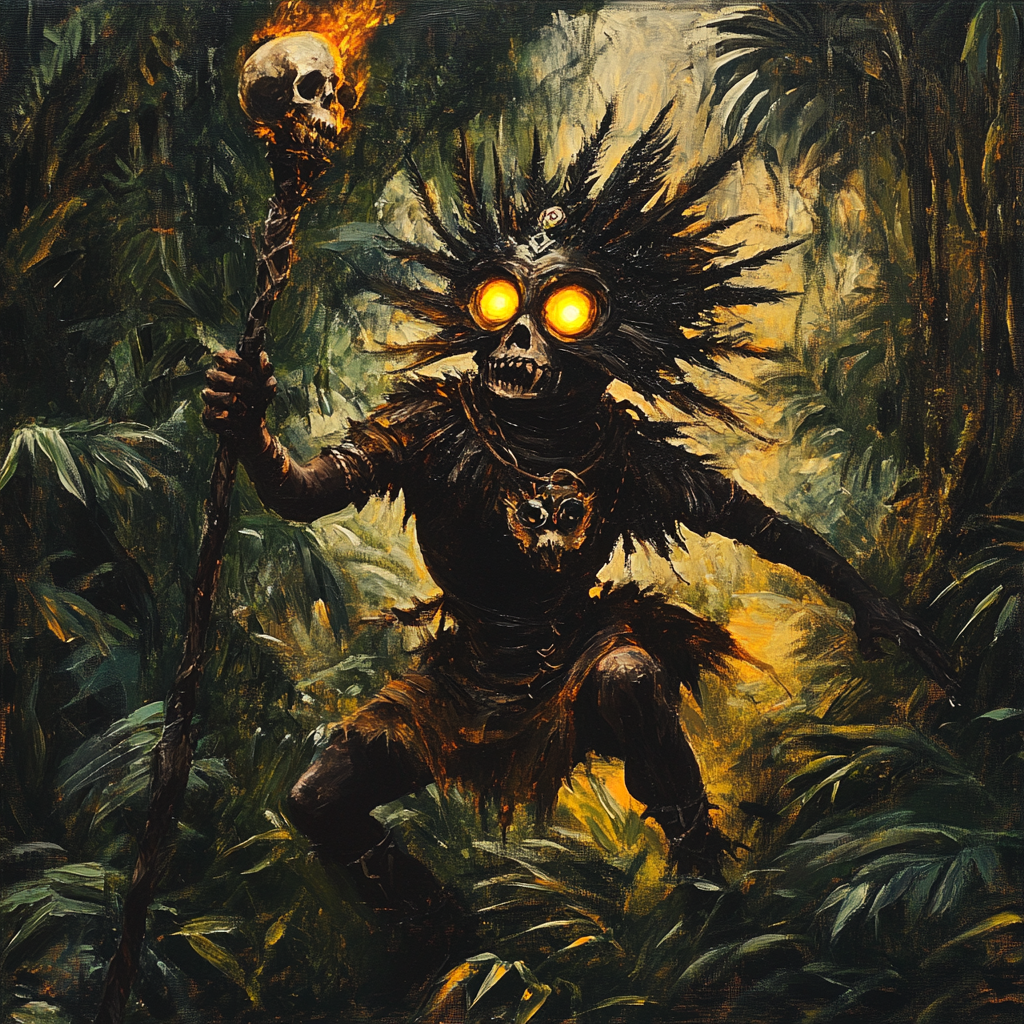 Bali witch doctor with skull staff, glowing eyes dancing.