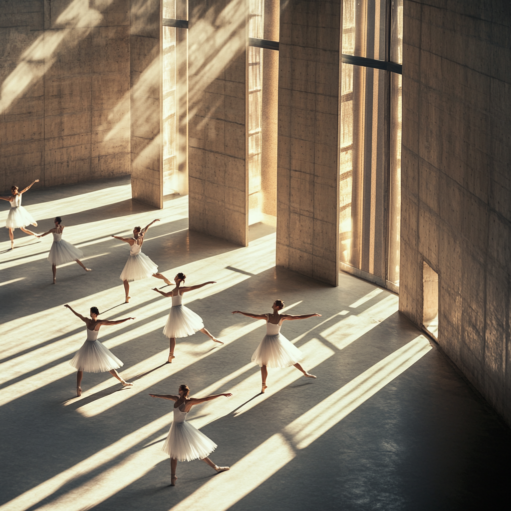 Ballerinas Dancing in Elegant White, Industrial Concrete Setting