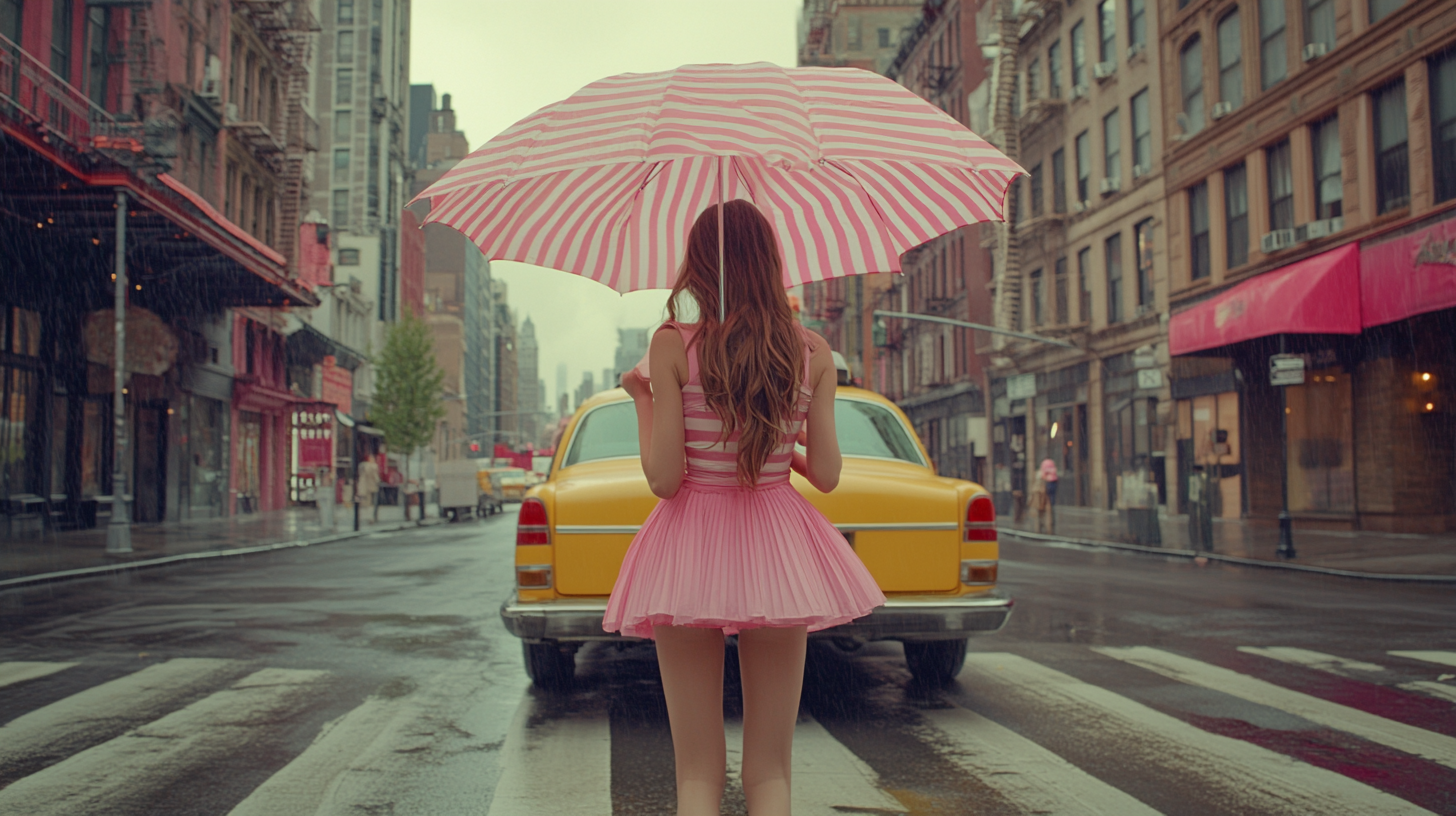 Ballet girl twirls in yellow taxi photoshoot.