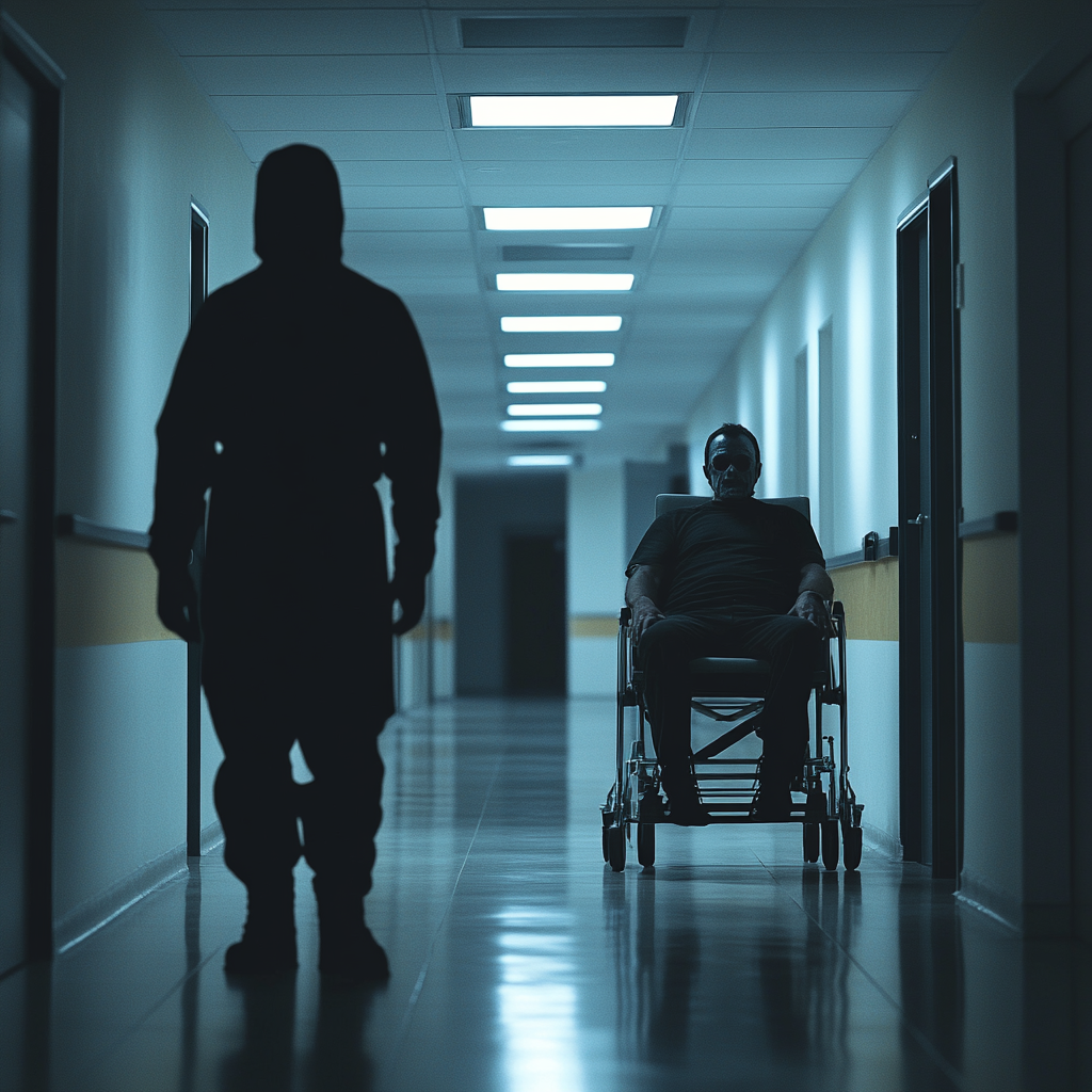 Bandit and man in wheelchair in hospital corridor spotlights.