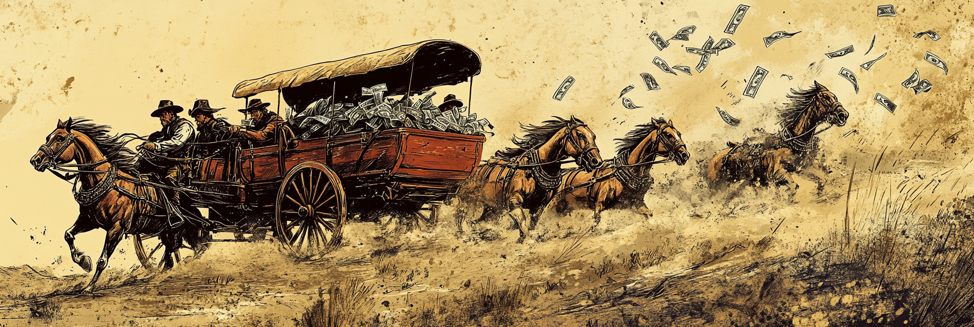 Bandits driving stagecoach full of cash through valley.