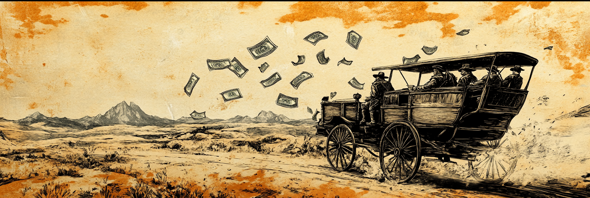 Bandits on stagecoach with money flying out.