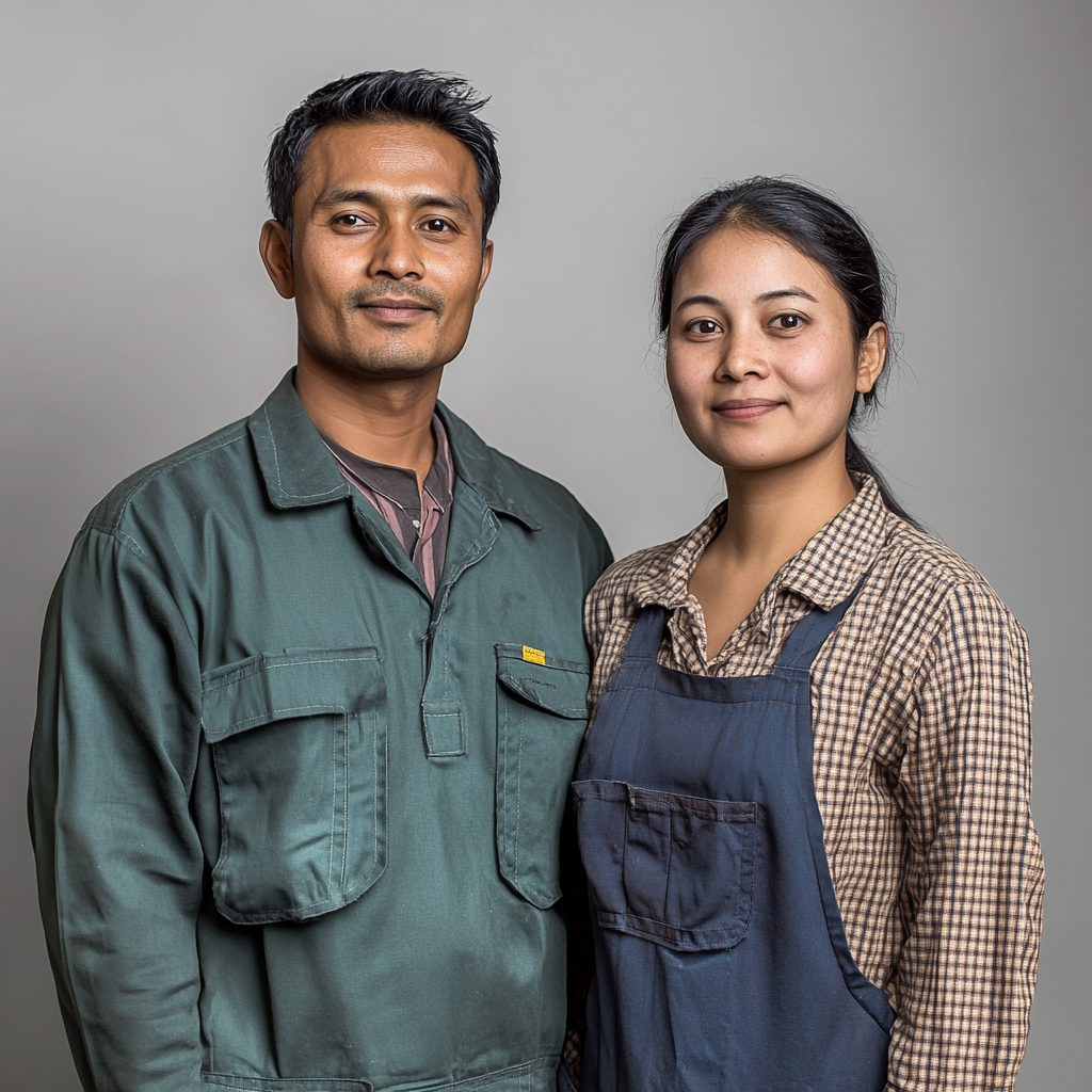 Bangladeshi man and Asian woman pose professionally.