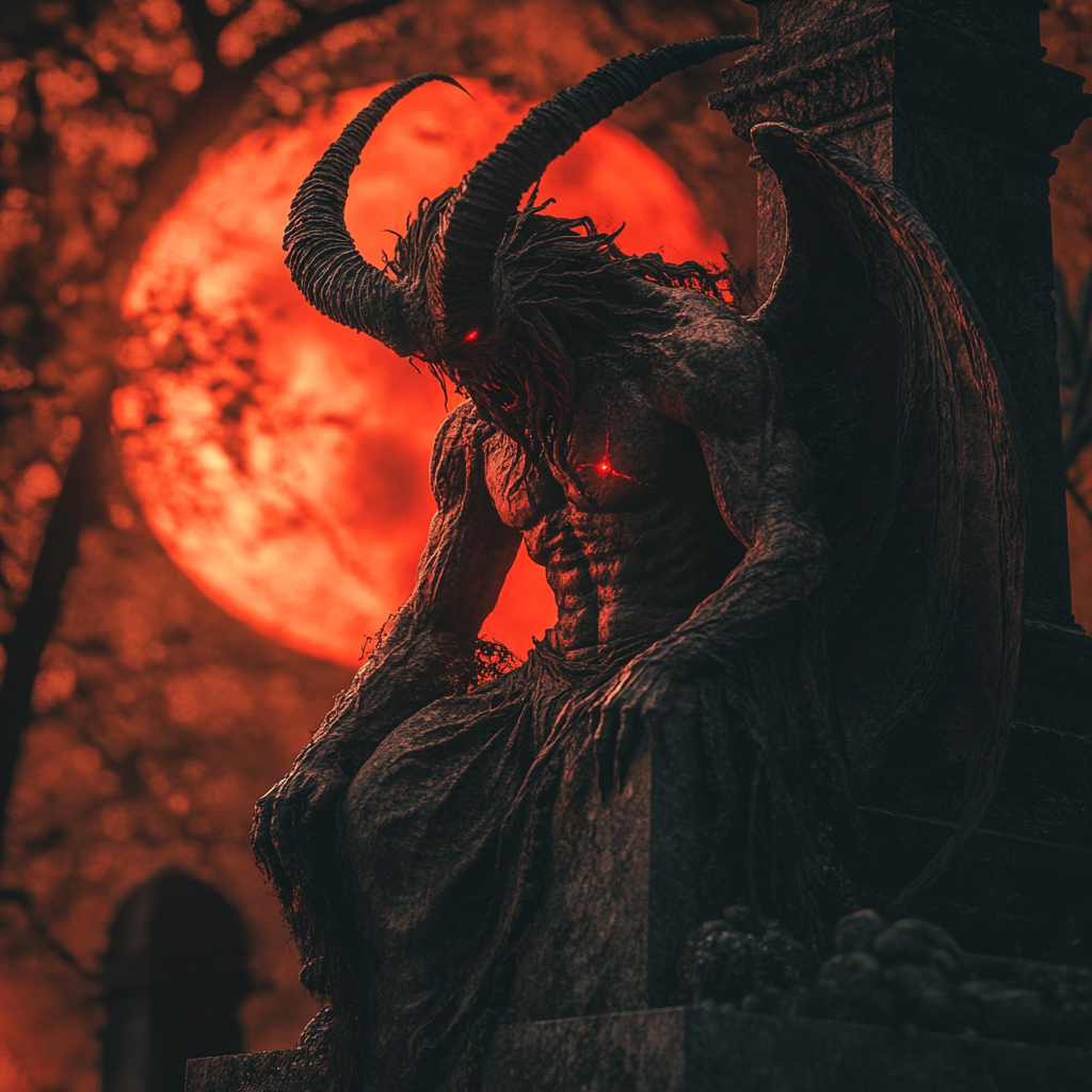 Baphomet Defending Against Evil Pumpkins in Cemetery