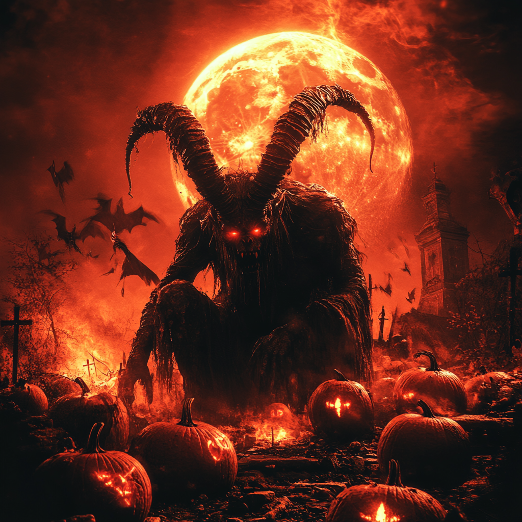 Baphomet battles witches in spooky cemetery under eclipse.