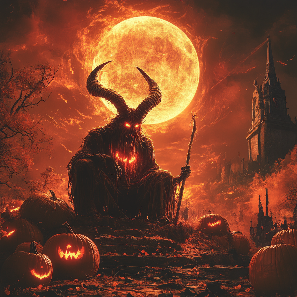 Baphomet fights scary pumpkins in spooky cemetery.