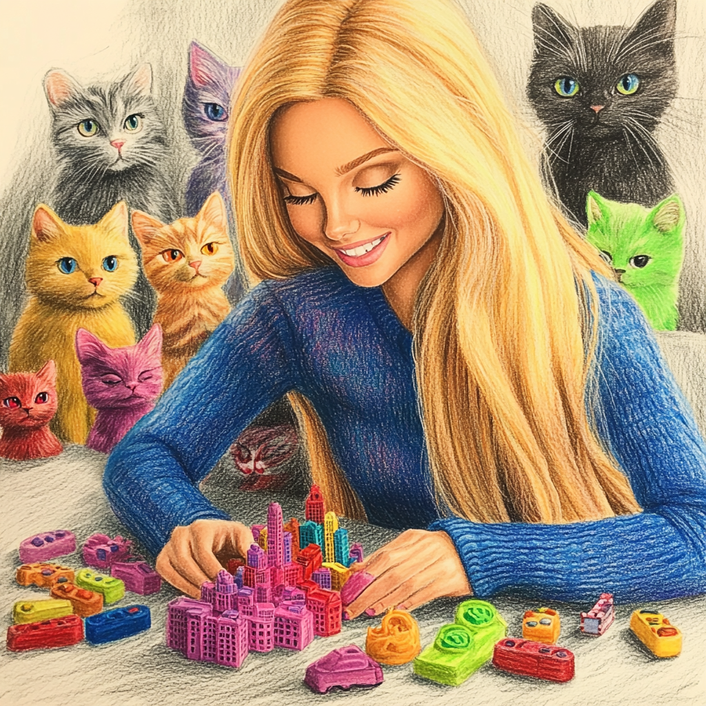 Barbie making Chicago with playdoh, watched by 100 cats.