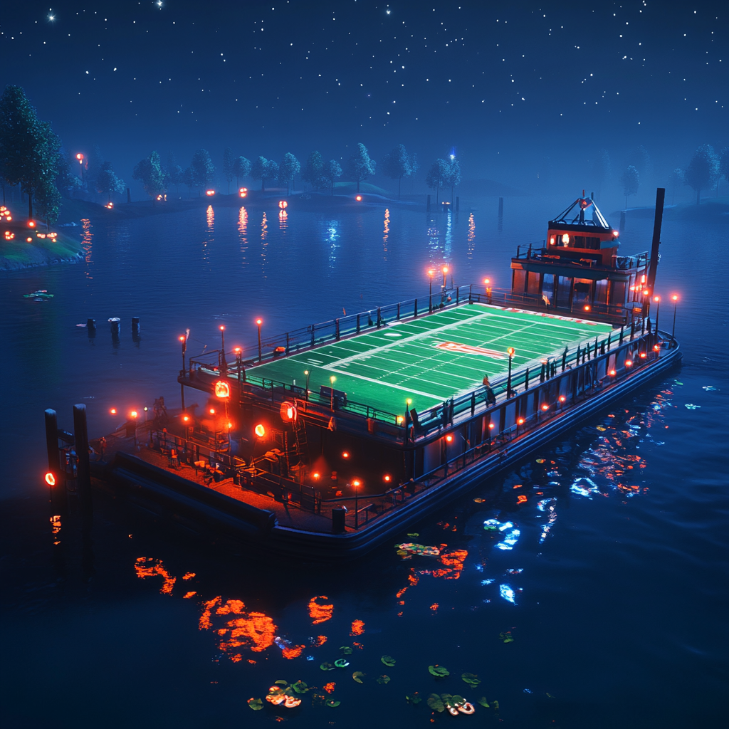 Barge with football field, lights, stars, Mississippi River.