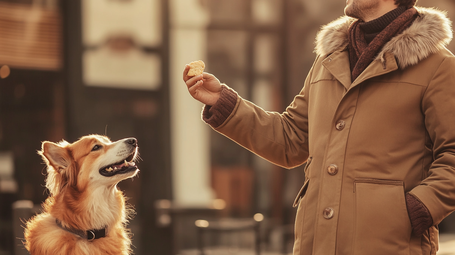 Barista gives a piece of bread to dog.