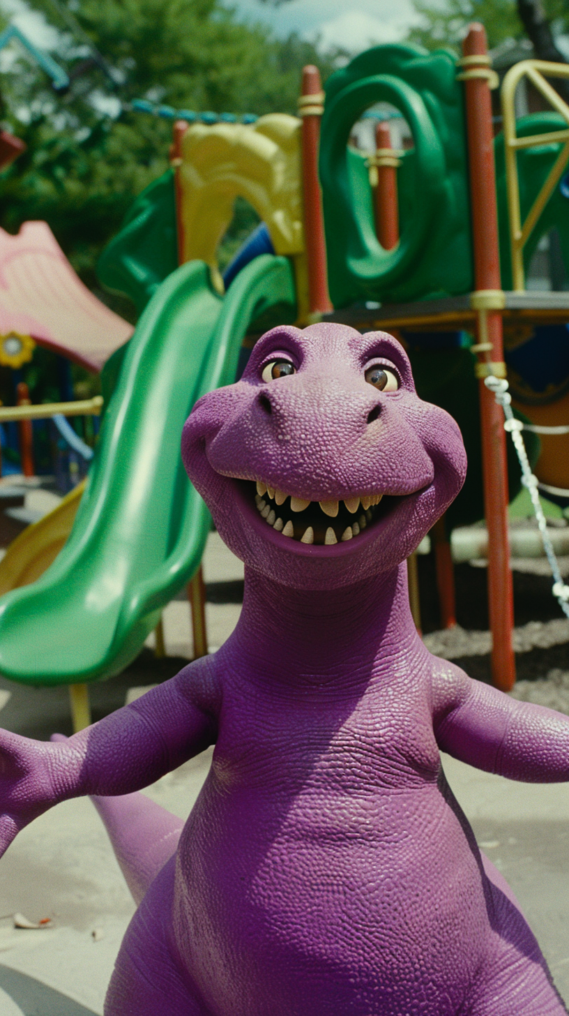 Barney the Dinosaur in Retro Playground Scene