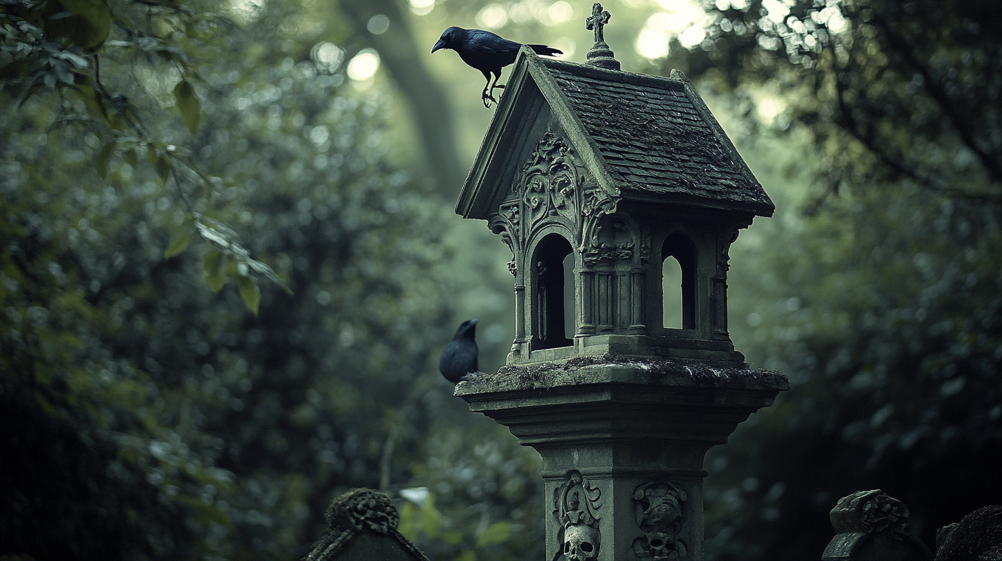 Baroque French Gothic birdhouse with raven, moody atmosphere.