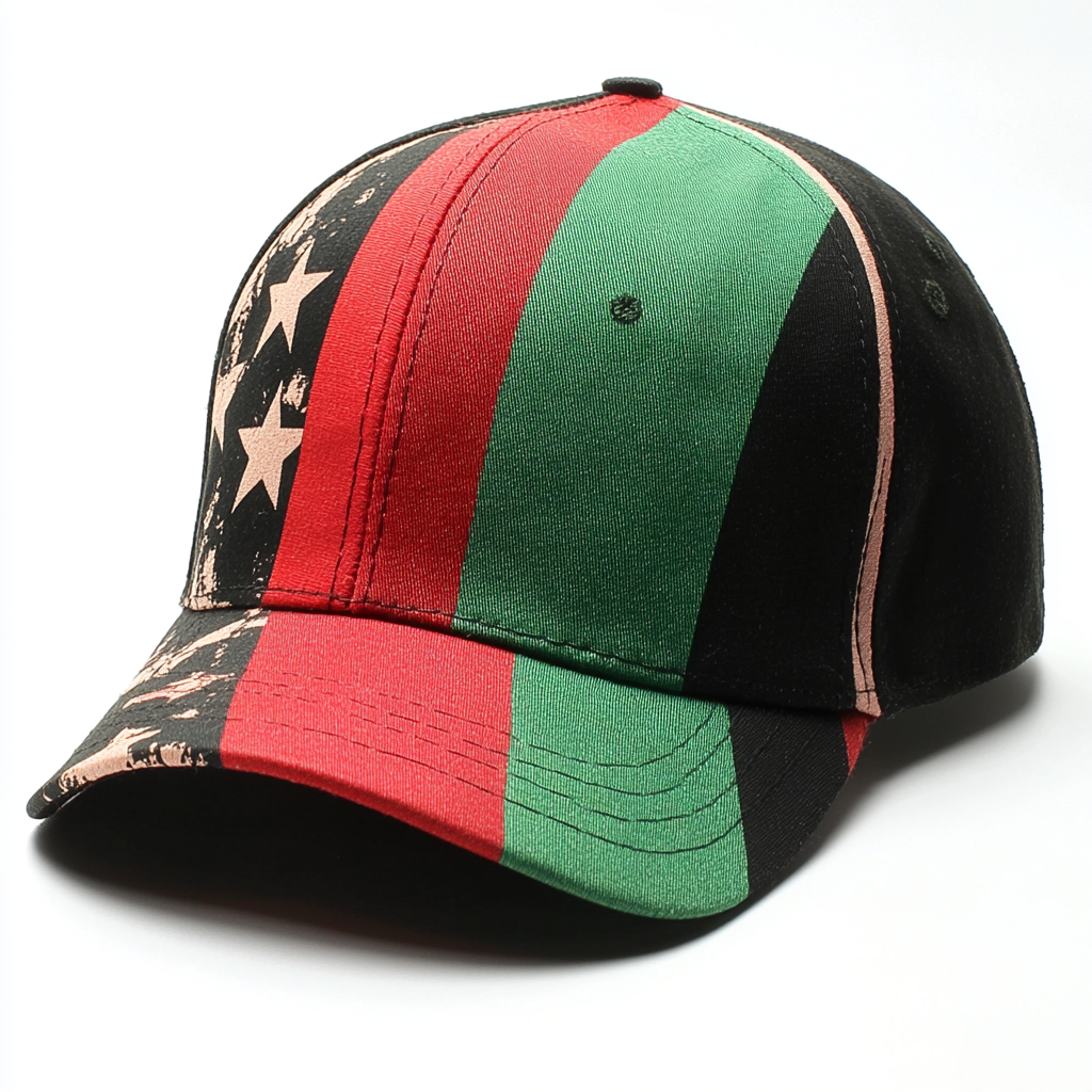 Baseball cap with red triangle, green, black design.