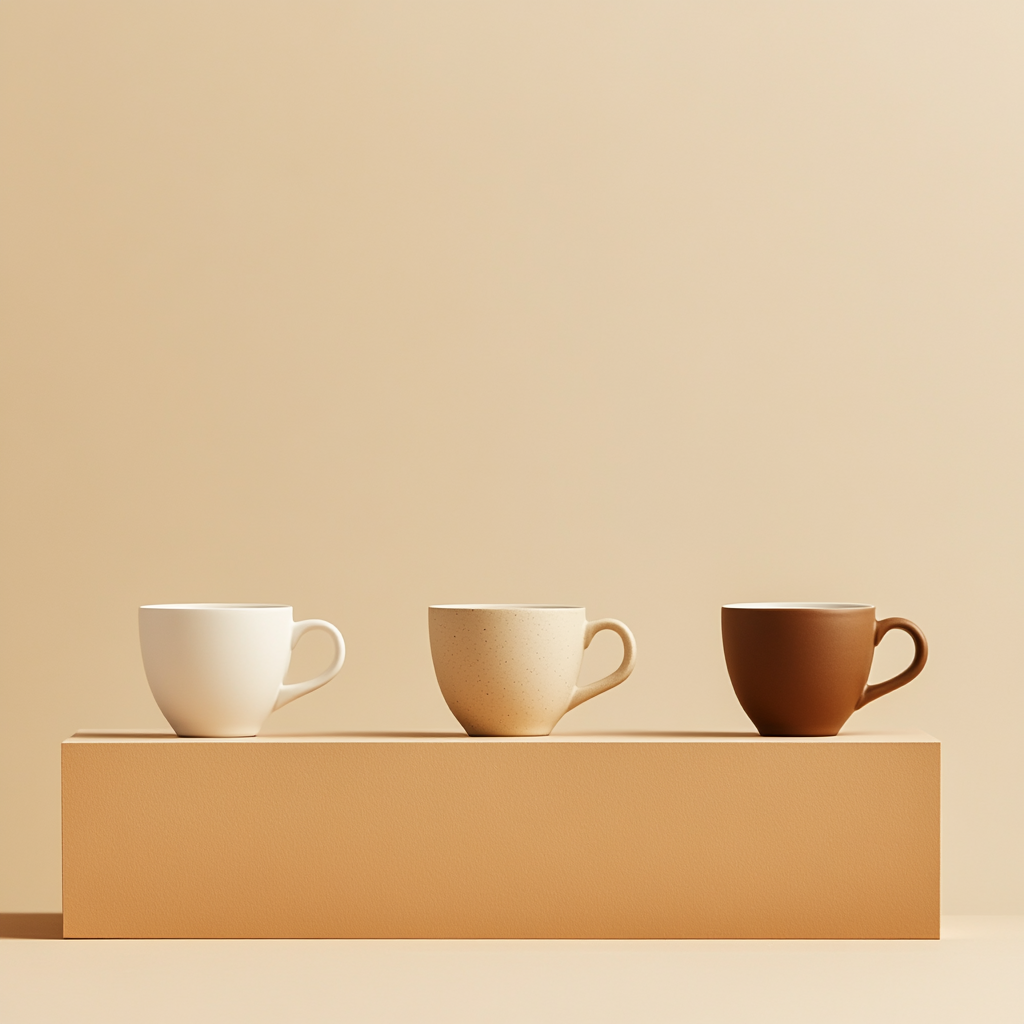 Basic, Standard, and Premium coffee cups displayed for sale.