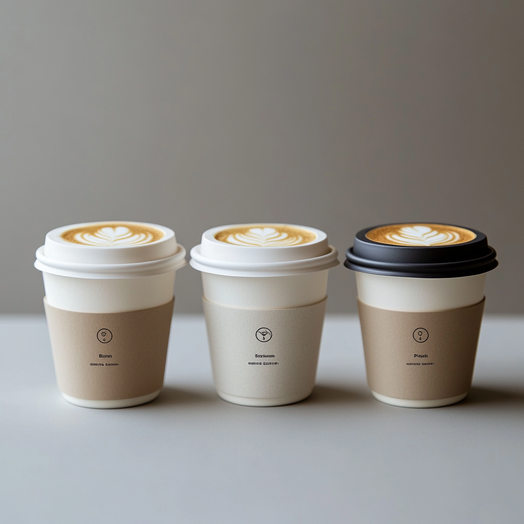 Basic, Standard, and Premium coffee cups on display.