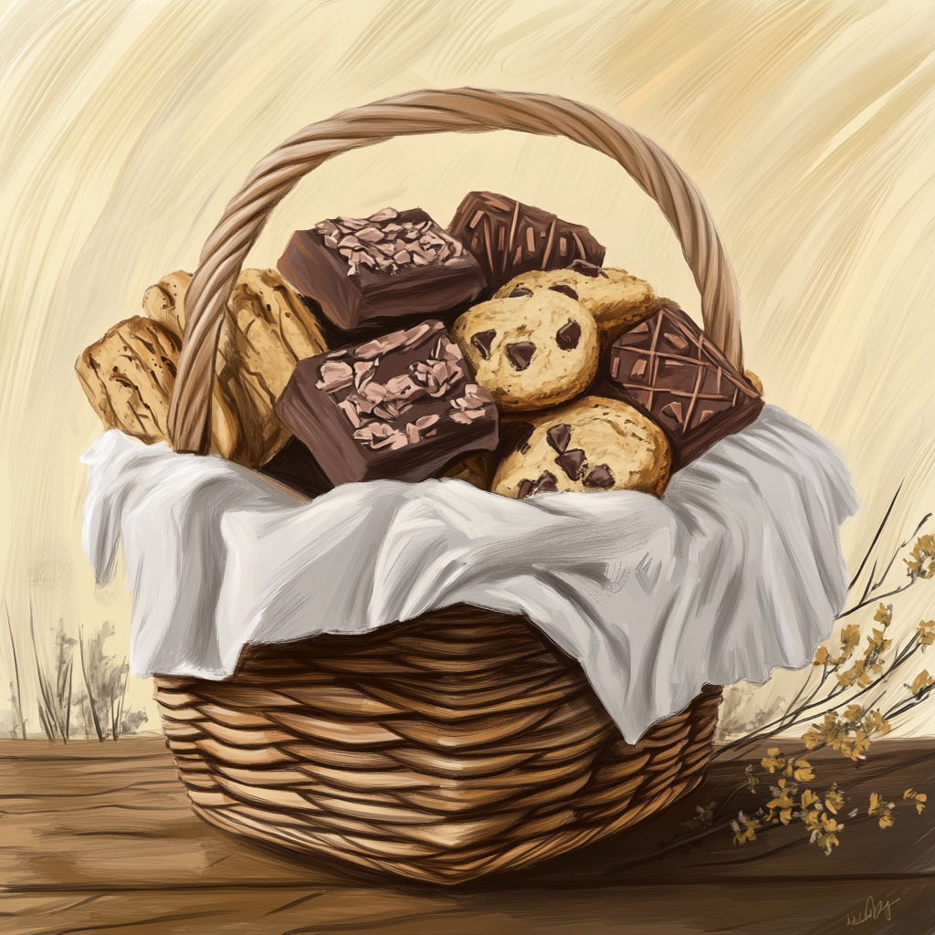 Basket filled with cookies and brownies on table