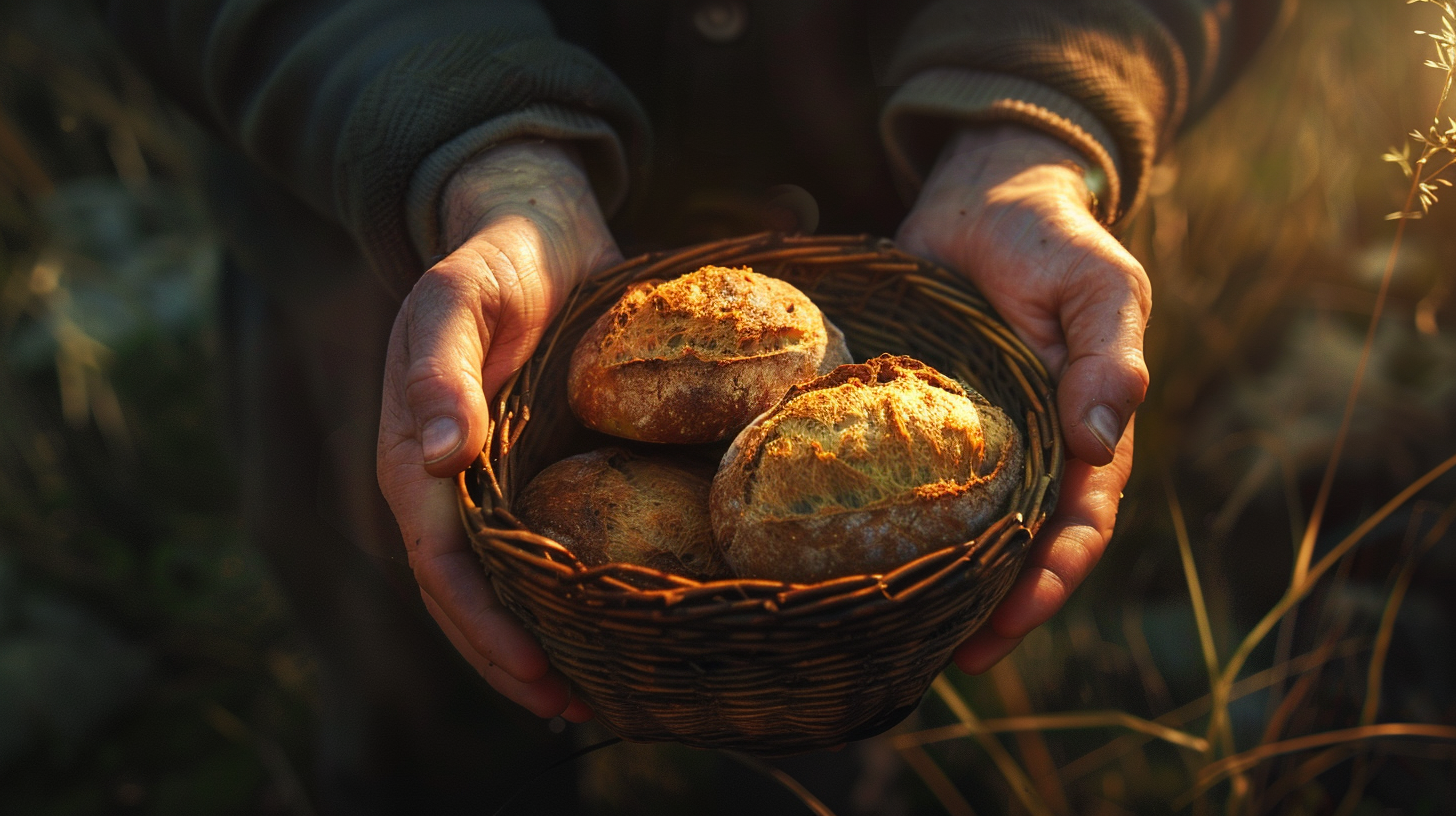 Basket with Bread and Fish hands cinematic lighting