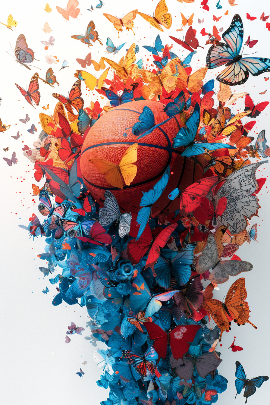 Basketball Exploding into Colorful Butterflies Artistic Transformation Concept