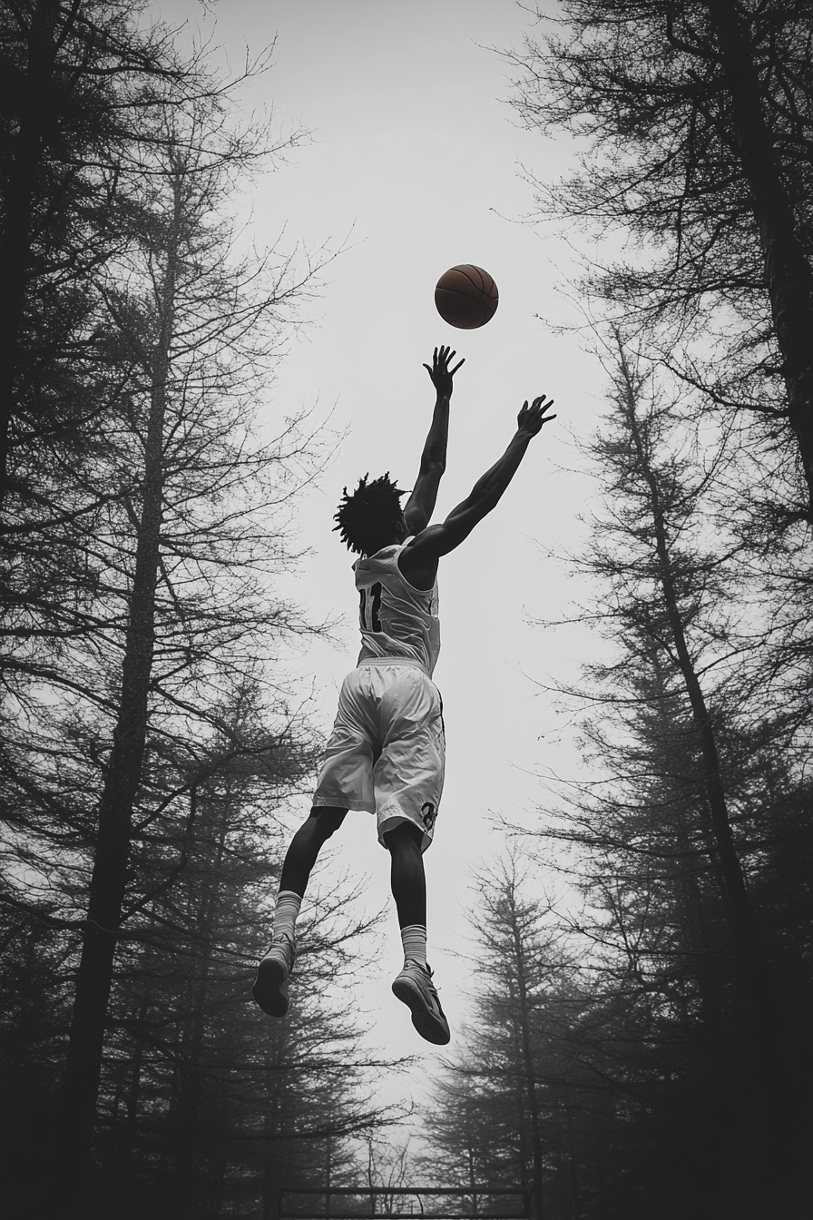 Basketball Player Mid-Jump Shot Amidst Tall Trees