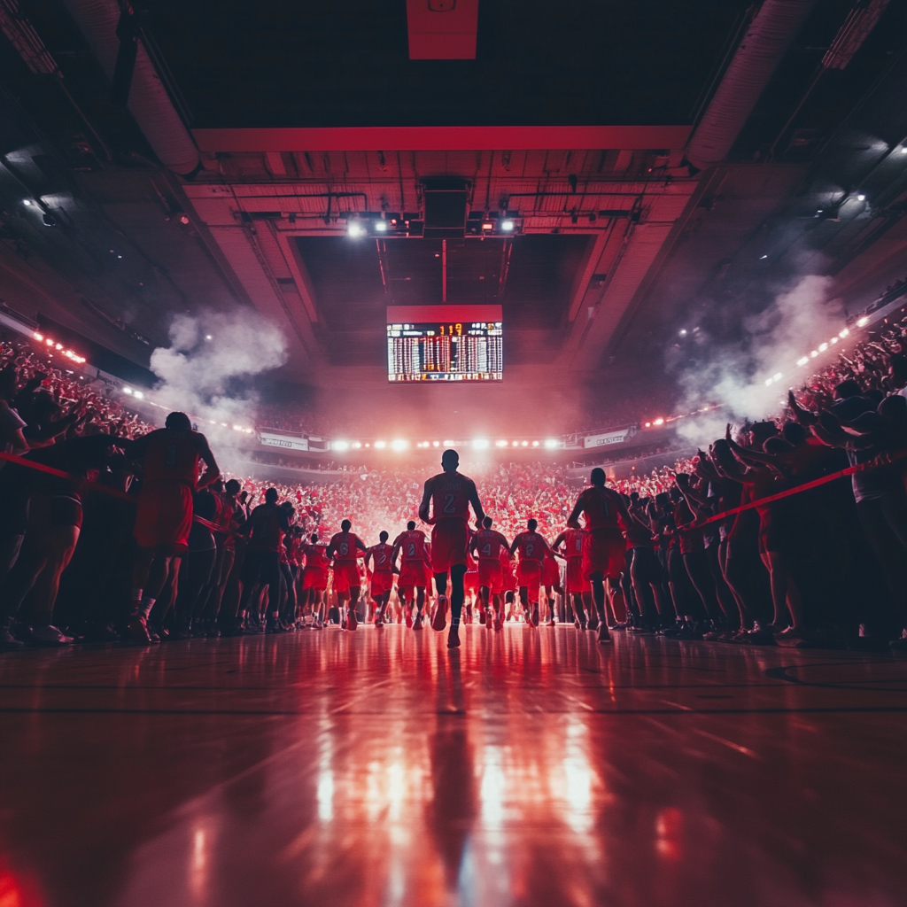 Basketball Players Entering Vibrant Red-Black Arena