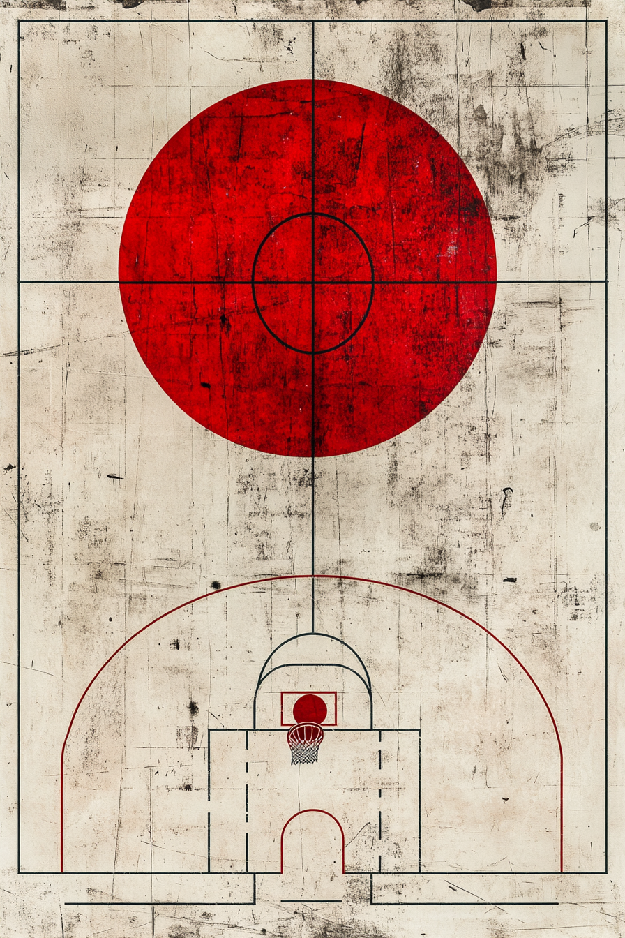 Basketball court designed as full Japanese flag aesthetics.