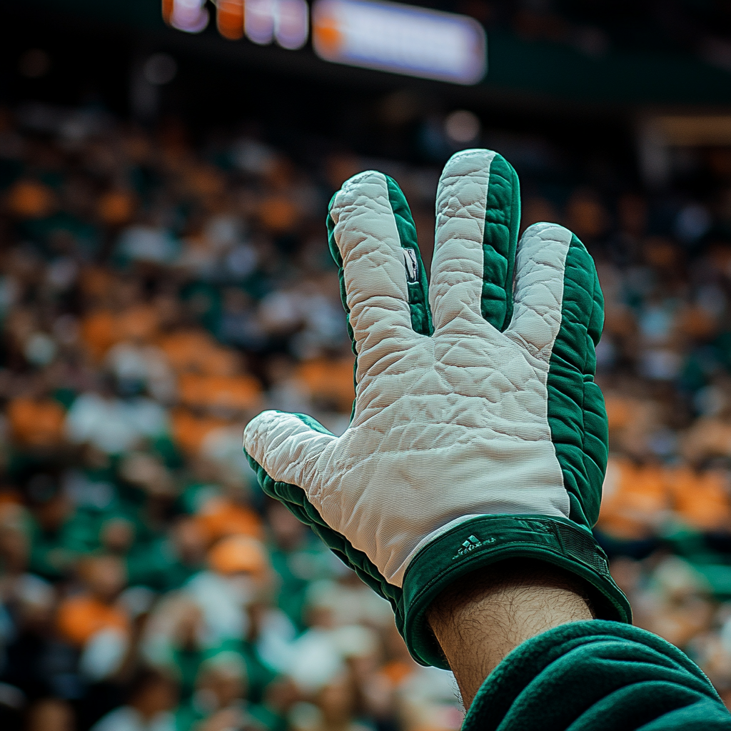 Basketball fan holding cushion glove at arena game.