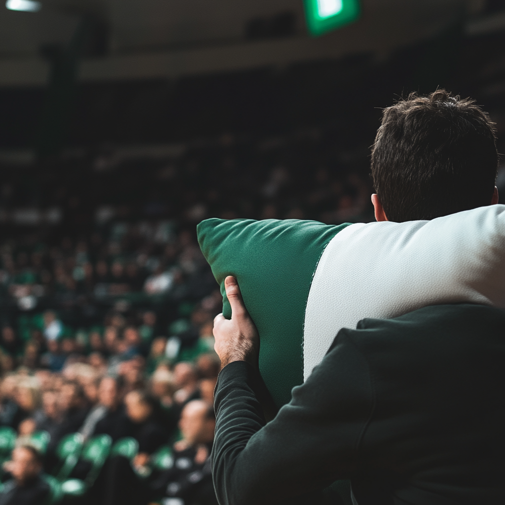 Basketball fan in arena holding cushion glove.