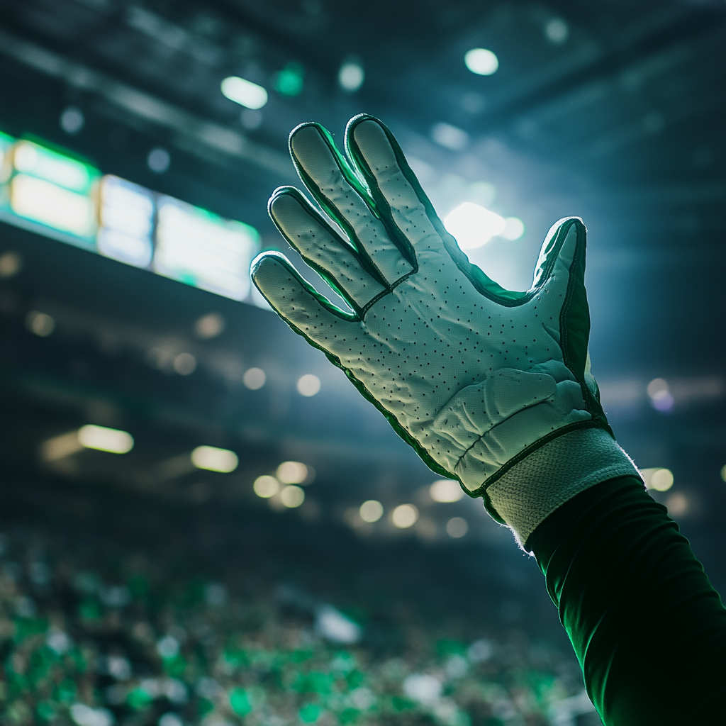 Basketball fan with big white and green glove.