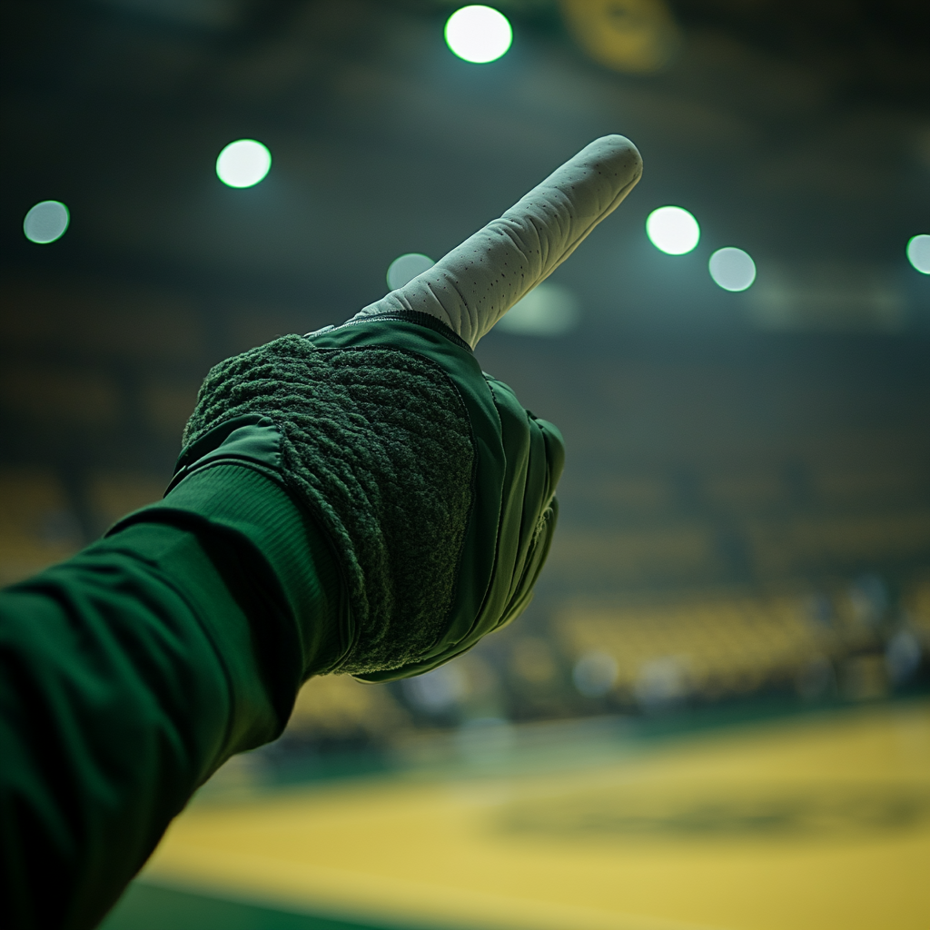 Basketball fan with giant finger gun in arena.