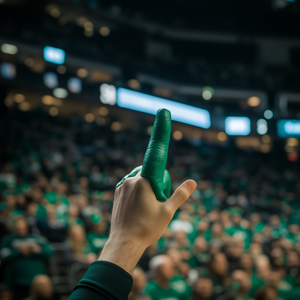 Basketball game, fan with giant foam finger mockup.