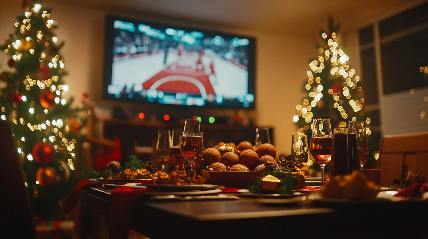 Basketball game on TV at festive dinner party scene.