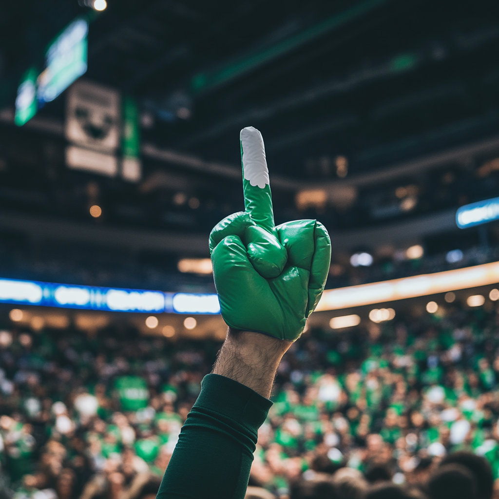 Basketball game with foam finger, high-resolution Canon shot.