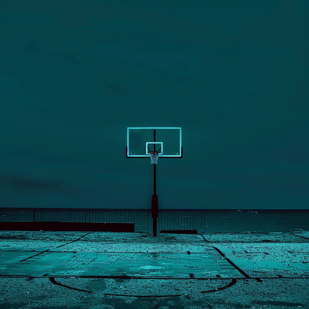 Basketball lines under teal night sky with motif