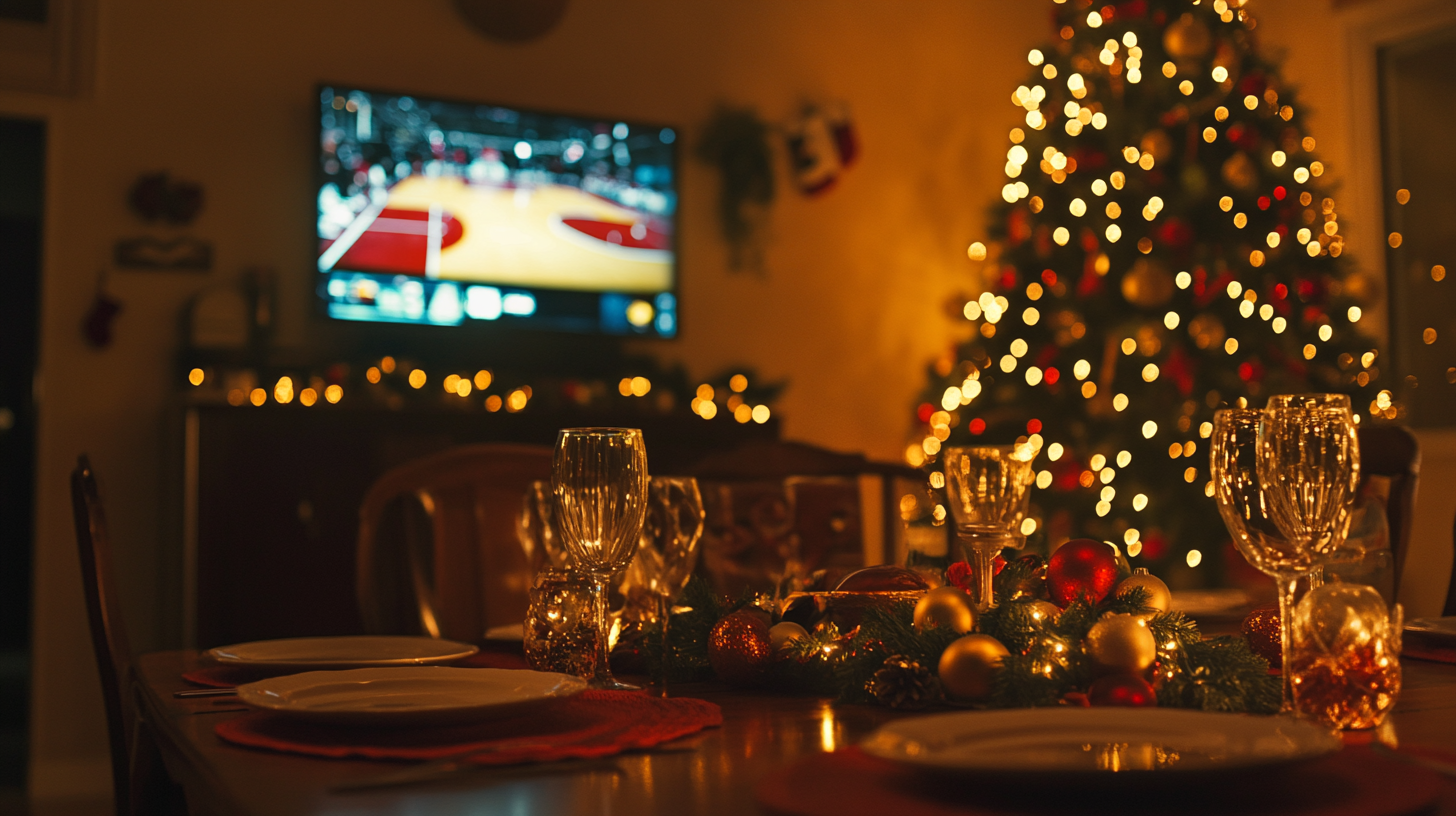 Basketball-themed festive dinner party with nostalgic cinematic vibe.