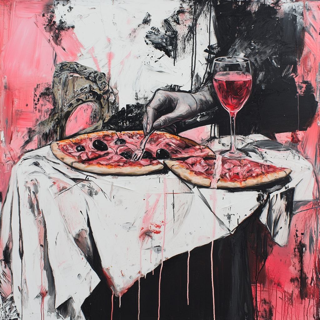 Basquiat style painting of table with draped cloth, pizza