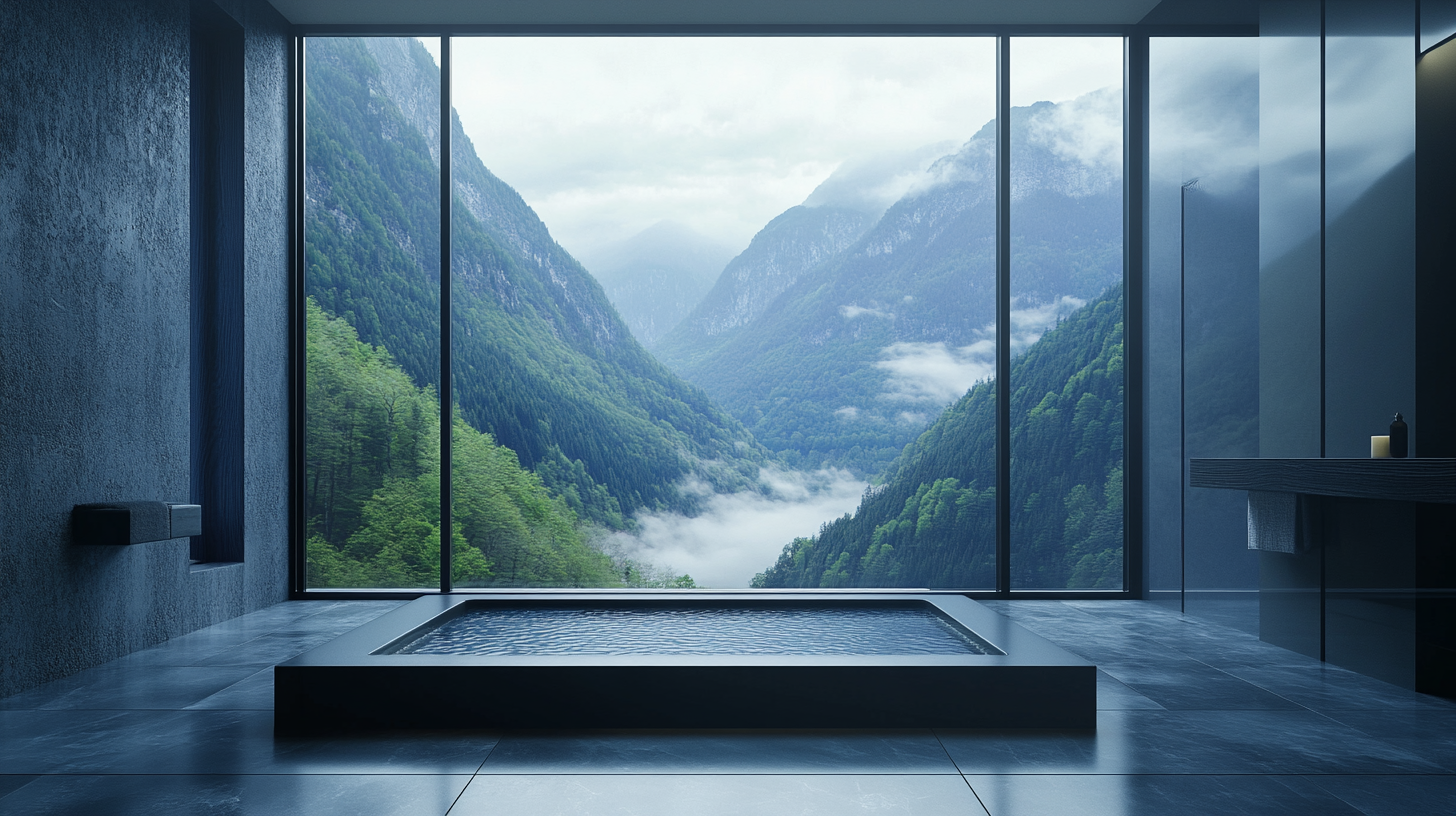 Bathroom view: mountains through modern glass window.