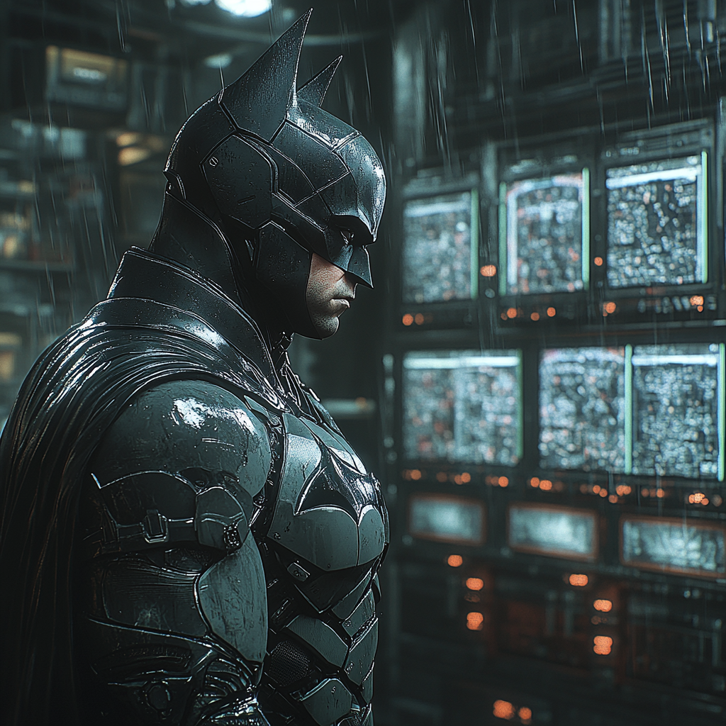 Batman analyzing Gotham chaos on Batcomputer with new suit.